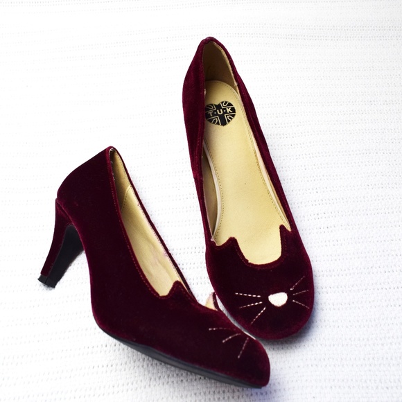 T.U.K Shoes - TUK Cat Heels Burgandy Red Velvet